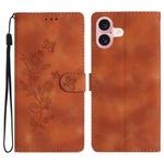 For iPhone 16 Plus Flower Butterfly Embossing Pattern Leather Phone Case(Brown)