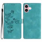 For iPhone 16 Plus Flower Butterfly Embossing Pattern Leather Phone Case(Sky Blue)