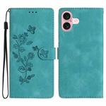 For iPhone 17 Flower Butterfly Embossing Pattern Leather Phone Case(Sky Blue)
