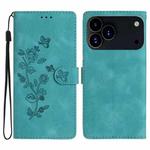 For iPhone 17 Pro Flower Butterfly Embossing Pattern Leather Phone Case(Sky Blue)