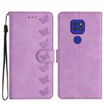 For Motorola Moto G9 Seven Butterflies Embossed Leather Phone Case(Purple)
