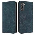 For Samsung Galaxy S22 5G Ethnic Embossed Adsorption Leather Phone Case(Blue)