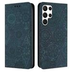 For Samsung Galaxy S22 Ultra 5G Ethnic Embossed Adsorption Leather Phone Case(Blue)