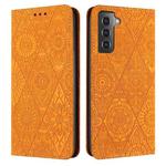 For Samsung Galaxy S21 5G Ethnic Embossed Adsorption Leather Phone Case(Yellow)
