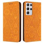 For Samsung Galaxy S21 Ultra 5G Ethnic Embossed Adsorption Leather Phone Case(Yellow)