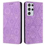 For Samsung Galaxy S21 Ultra 5G Ethnic Embossed Adsorption Leather Phone Case(Purple)