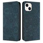 For iPhone 14 Plus Ethnic Embossed Adsorption Leather Phone Case(Blue)