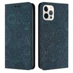 For iPhone 14 Pro Max Ethnic Embossed Adsorption Leather Phone Case(Blue)