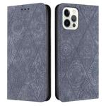 For iPhone 14 Pro Max Ethnic Embossed Adsorption Leather Phone Case(Grey)