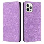 For iPhone 13 Pro Max Ethnic Embossed Adsorption Leather Phone Case(Purple)