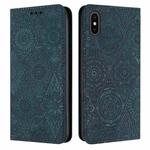 For iPhone X / XS Ethnic Embossed Adsorption Leather Phone Case(Blue)