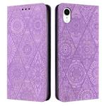 For iPhone XR Ethnic Embossed Adsorption Leather Phone Case(Purple)