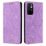 For Xiaomi Poco M4 Pro 5G Ethnic Embossed Adsorption Leather Phone Case(Purple)
