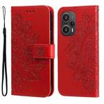 For Xiaomi Redmi Poco F5 7-petal Flowers Embossing Leather Phone Case(Red)