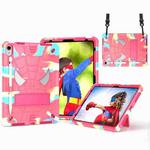 For iPad 10th Gen 10.9 2022 Spider Texture Silicone Hybrid PC Tablet Case with Shoulder Strap(Camouflage + Rose Red)