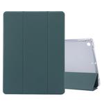 For iPad 10.2 2021 / 2020 / 2019 3-folding Electric Pressed Skin Texture Horizontal Flip Shockproof Transparent TPU + PU Leather Case with Holder & Pen Slot & Sleep / Wake-up Function(Dark Green)