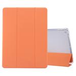 For iPad 10.2 2021 / 2020 / 2019 3-folding Electric Pressed Skin Texture Horizontal Flip Shockproof Transparent TPU + PU Leather Case with Holder & Pen Slot & Sleep / Wake-up Function(Orange)