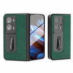 For OPPO Find N2 Integrated Cross Texture Genuine Leather Phone Case with Holder(Green)