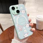 For iPhone 14 Secret Garden Painted Silicone MagSafe Phone Case(Mint Green)