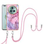 For Honor Magic5 Pro Electroplating Marble Dual-side IMD Phone Case with Lanyard(Pink 013)