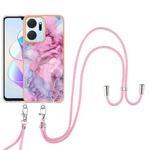 For Honor X7a Electroplating Marble Dual-side IMD Phone Case with Lanyard(Pink 013)