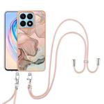 For Honor X8a Electroplating Marble Dual-side IMD Phone Case with Lanyard(Rose Gold 015)