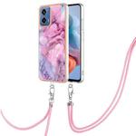 For Motorola Moto G34 Electroplating Marble Dual-side IMD Phone Case with Lanyard(Pink 013)