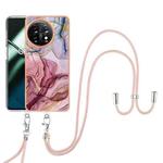 For OnePlus 11 Electroplating Marble Dual-side IMD Phone Case with Lanyard(Rose Red 014)