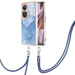 For OPPO Reno10 Pro 5G Global Electroplating Marble Dual-side IMD Phone Case with Lanyard(Blue 018)