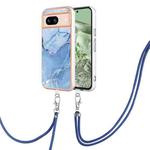 For Google Pixel 8a Electroplating Marble Dual-side IMD Phone Case with Lanyard(Blue 018)