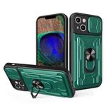 For iPhone 15 Sliding Camshield TPU+PC Phone Case with Card Slot(Dark Green)