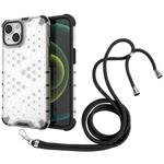 For iPhone 15 Lanyard Honeycomb Phone Case(White)