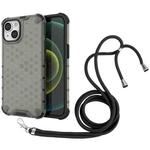 For iPhone 15 Lanyard Honeycomb Phone Case(Black)