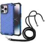 For iPhone 15 Pro Lanyard Honeycomb Phone Case(Blue)