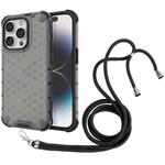 For iPhone 15 Pro Lanyard Honeycomb Phone Case(Black)