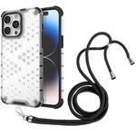 For iPhone 15 Pro Max Lanyard Honeycomb Phone Case(White)