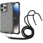 For iPhone 15 Pro Max Lanyard Honeycomb Phone Case(Black)