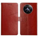 For Realme 12 5G Global HT01 Y-shaped Pattern Flip Leather Phone Case(Brown)