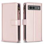 For Google Pixel 7a 9 Card Slots Zipper Wallet Leather Flip Phone Case(Rose Gold)