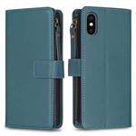 For iPhone XS / X 9 Card Slots Zipper Wallet Leather Flip Phone Case(Green)