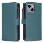 For iPhone 14 / 13 9 Card Slots Zipper Wallet Leather Flip Phone Case(Green)