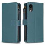 For iPhone XR 9 Card Slots Zipper Wallet Leather Flip Phone Case(Green)