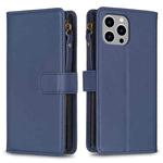 For iPhone 15 Pro Max 9 Card Slots Zipper Wallet Leather Flip Phone Case(Blue)