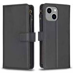 For iPhone 15 Plus 9 Card Slots Zipper Wallet Leather Flip Phone Case(Black)