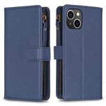 For iPhone 15 9 Card Slots Zipper Wallet Leather Flip Phone Case(Blue)