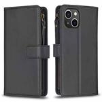 For iPhone 15 9 Card Slots Zipper Wallet Leather Flip Phone Case(Black)