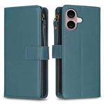 For iPhone 16 Plus 9 Card Slots Zipper Wallet Leather Flip Phone Case(Green)