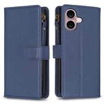 For iPhone 16 Plus 9 Card Slots Zipper Wallet Leather Flip Phone Case(Blue)