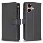 For iPhone 16 Plus 9 Card Slots Zipper Wallet Leather Flip Phone Case(Black)
