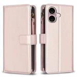 For iPhone 16 Plus 9 Card Slots Zipper Wallet Leather Flip Phone Case(Rose Gold)